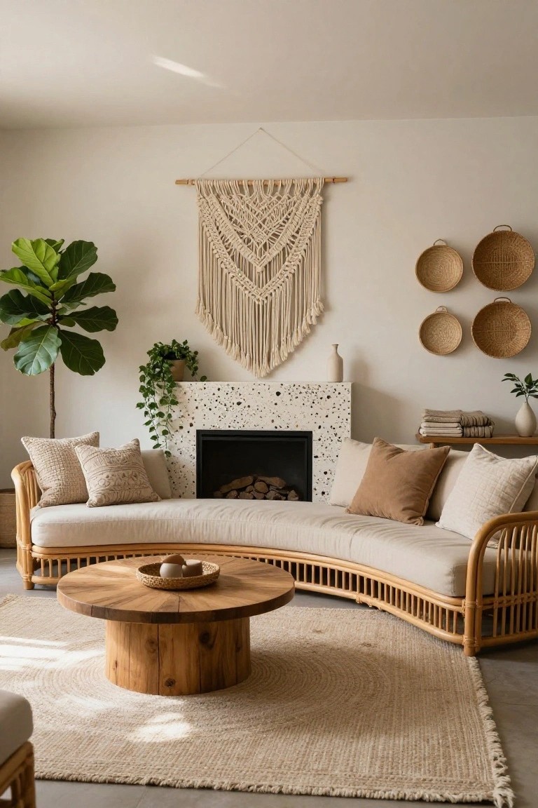A curved beige rattan sofa faces a speckled fireplace in a light neutral living room with a wooden coffee table, macrame wall hanging, fiddle leaf fig plant, woven baskets on the wall, and pillows on seagrass rug.