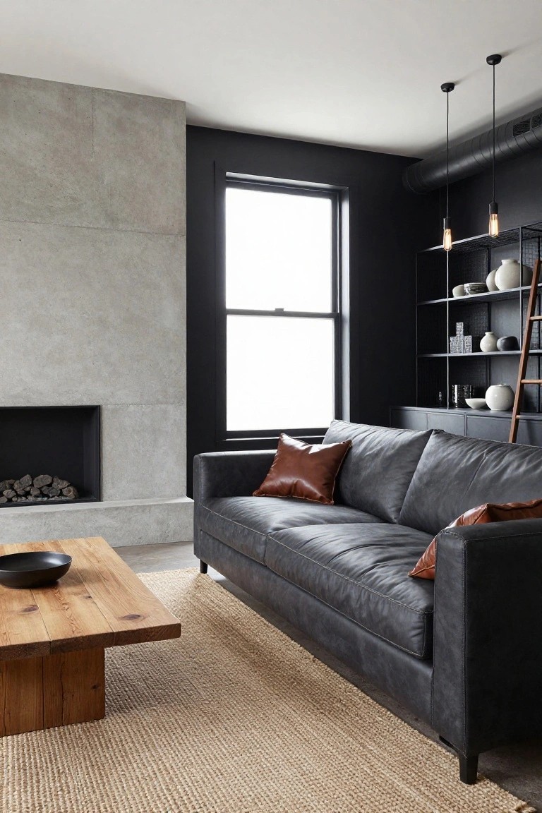Modern living room with exposed light gray concrete walls, built-in fireplace, dark gray leather sofa, wooden coffee table, black-framed window, black shelving unit, and pendant lights.