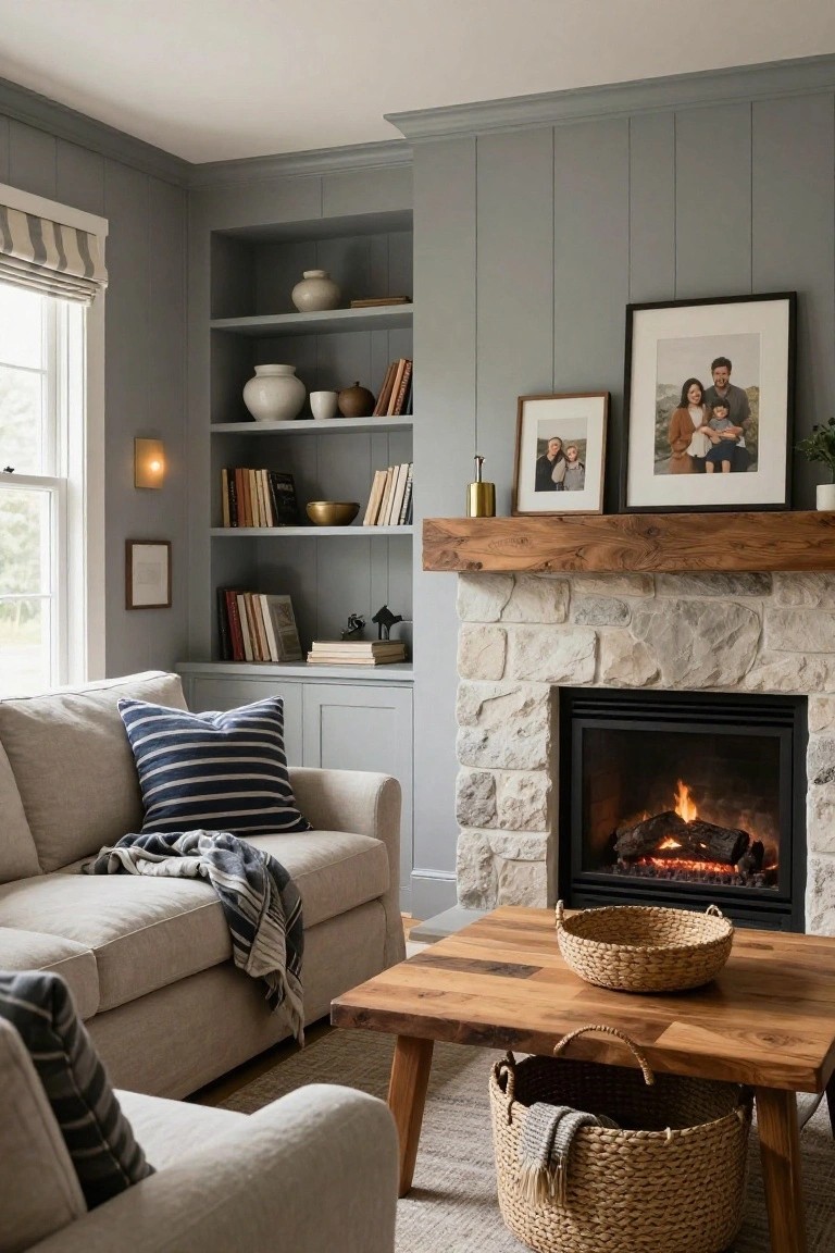 Living room with light gray shiplap walls, built-in bookshelves flanking a beige stone fireplace with dark wood mantel and gas fire, cream linen sofa with navy striped pillows and gray throw, wooden coffee table holding seagrass baskets, and window with striped roman shade.