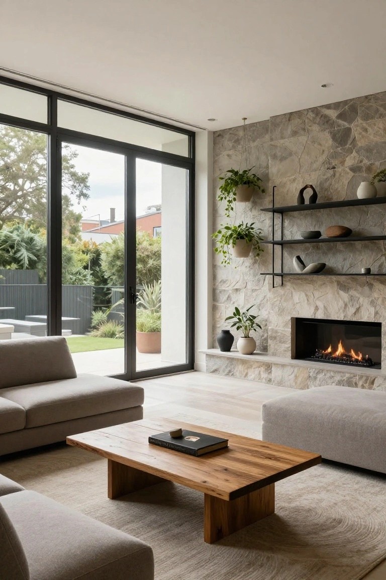 Modern living room with light gray L-shaped sofa, oak coffee table, beige rug, gas fireplace in textured stone wall with black metal shelves displaying ceramics and potted plants, and large black-framed sliding doors to backyard garden.