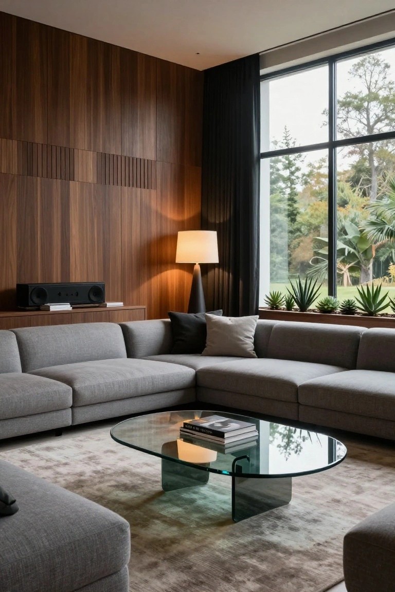 Modern living room with gray L-shaped sectional sofa, smoked glass coffee table on beige rug, tall floor lamp, wood slat accent wall, media cabinet, and large window showing garden view.