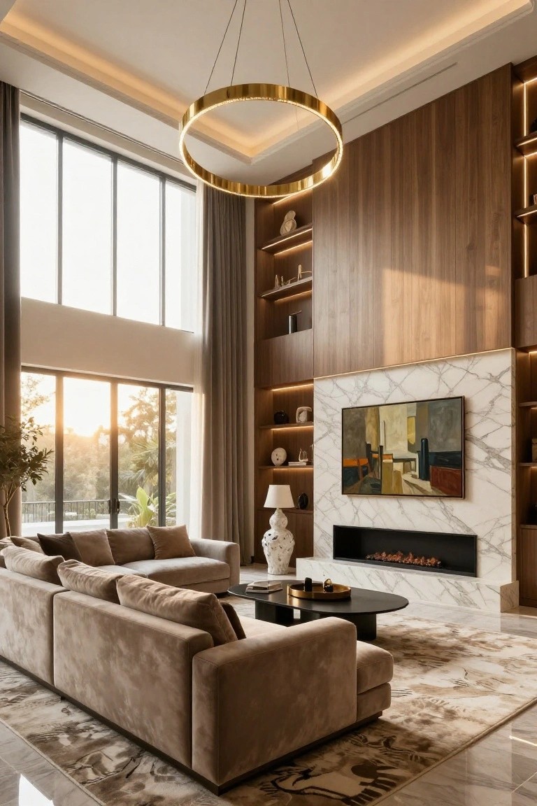 Spacious modern living room with beige L-shaped sofa, black coffee table, marble fireplace with gas flames and mounted TV on a tall wood-paneled wall with built-in shelves, large windows with gray curtains, potted plants, and gold ring chandelier overhead.