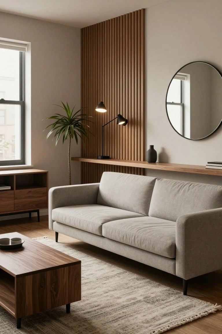 Modern living room corner featuring a light gray sofa, wooden slat accent wall with floating shelf, potted palm plant, black desk lamps, round black-framed mirror, walnut sideboard and coffee table on light wood floors with a beige rug.