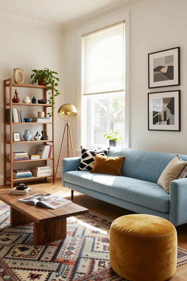 Sunlit living room with tall wooden open bookshelf displaying books, ceramic vases, bowls, and potted plants, next to blue velvet sofa with patterned pillows, wooden coffee table, gold tripod lamp, and yellow velvet ottoman on multicolored rug.