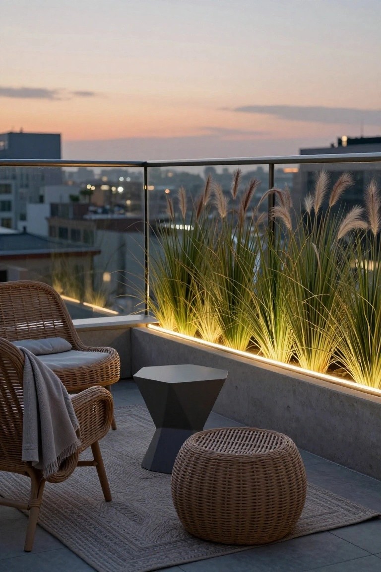 Balcony terrace at dusk overlooking city buildings, featuring a wicker armchair with gray blanket, black geometric side table, woven footstool on a gray rug, and tall pampas grasses in concrete planters along glass railing backlit by slim LED strips.