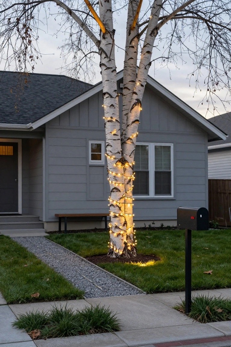 Gray vertical board-and-batten house exterior with birch tree wrapped in white string lights, front stone pathway, wooden bench, and black mailbox in yard at dusk