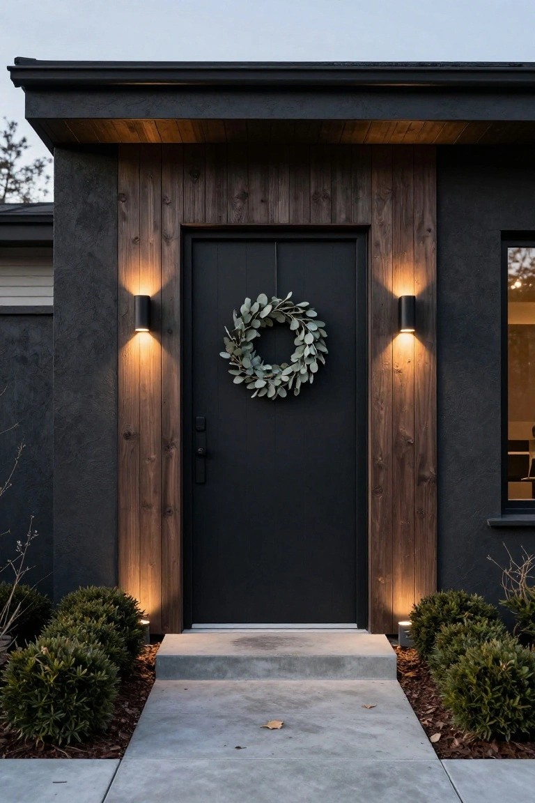 Modern house facade at dusk with charcoal siding, vertical wood panels beside black front door hung with eucalyptus wreath, black cylinder wall sconces lighting the wood, boxwood shrubs flanking concrete entry steps and path.