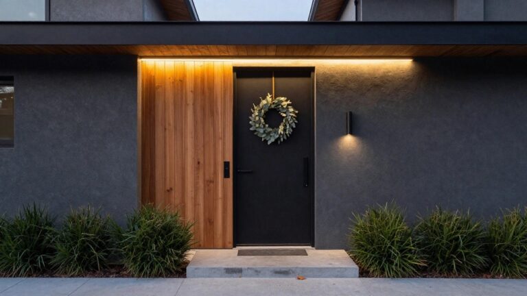 25 Modern Minimal Christmas Light Ideas That Keep Things Chic and Sleek Modern house facade at dusk with charcoal siding, vertical wood panels beside black front door hung with eucalyptus wreath, black cylinder wall sconces lighting the wood, boxwood shrubs flanking concrete entry steps and path.