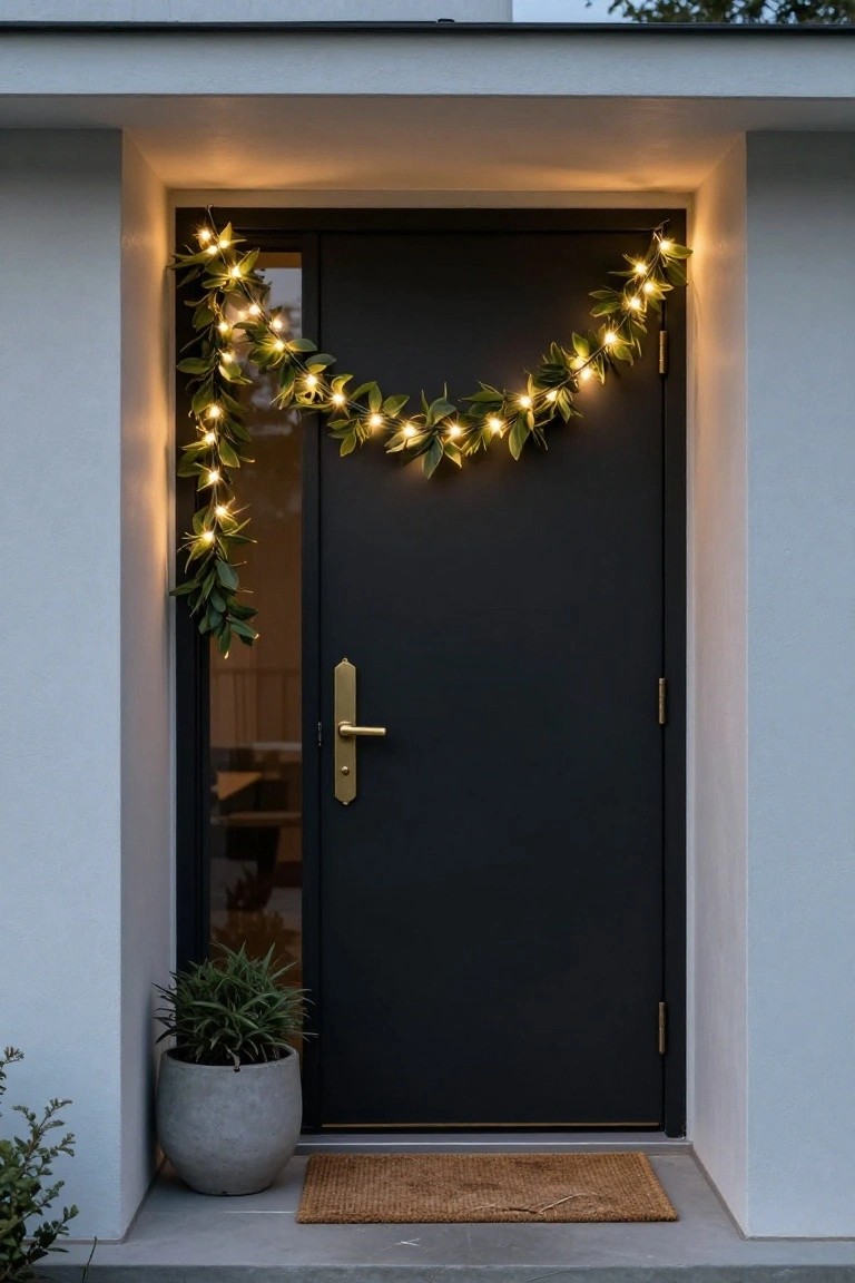 Black modern front door with gold handle, draped in a garland of green leaves and warm string lights on the right side, gray potted plant, brown seagrass doormat, and white exterior walls on a concrete entry step.