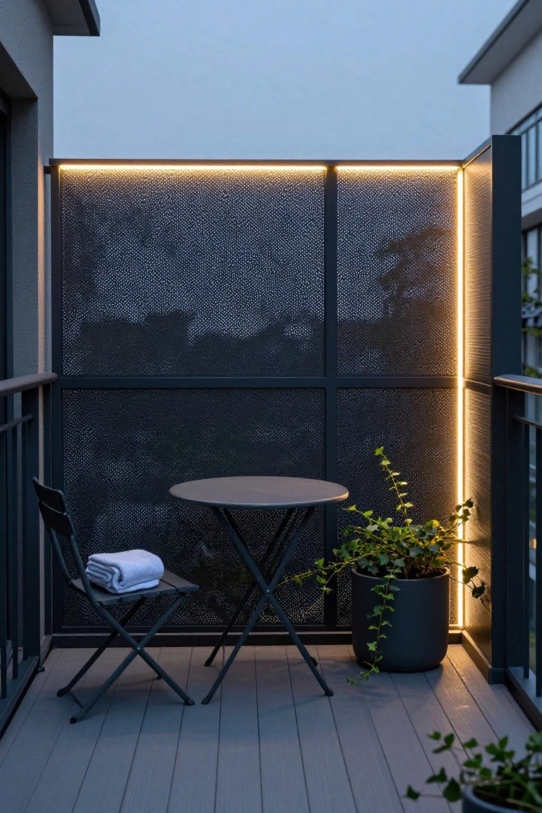 Modern balcony featuring black perforated metal screens with thin LED strips glowing along the top and vertical edges, a small gray round table with black folding chair draped in a light towel, potted ivy plant, and gray wood decking under a twilight sky.