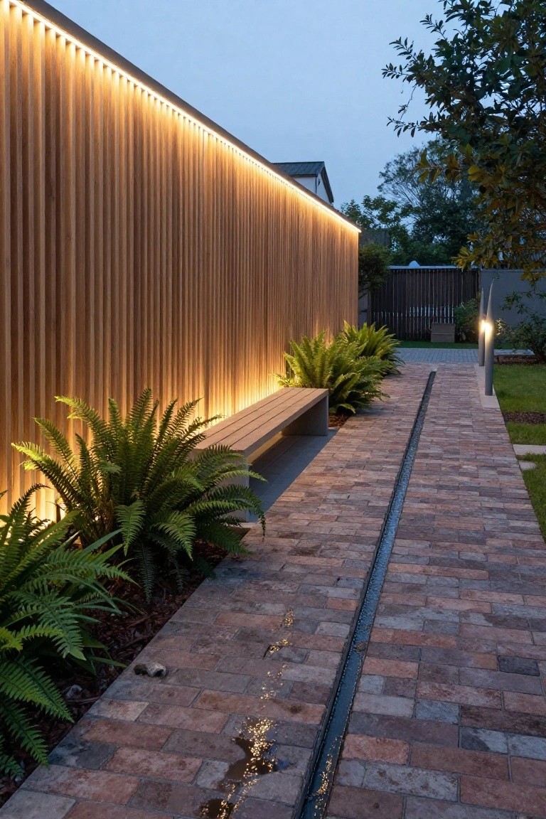 Tall wooden slatted fence with warm linear LED lighting along the top edge at dusk, beside a brick pathway with a narrow water channel, ferns, a wooden bench, and grass.
