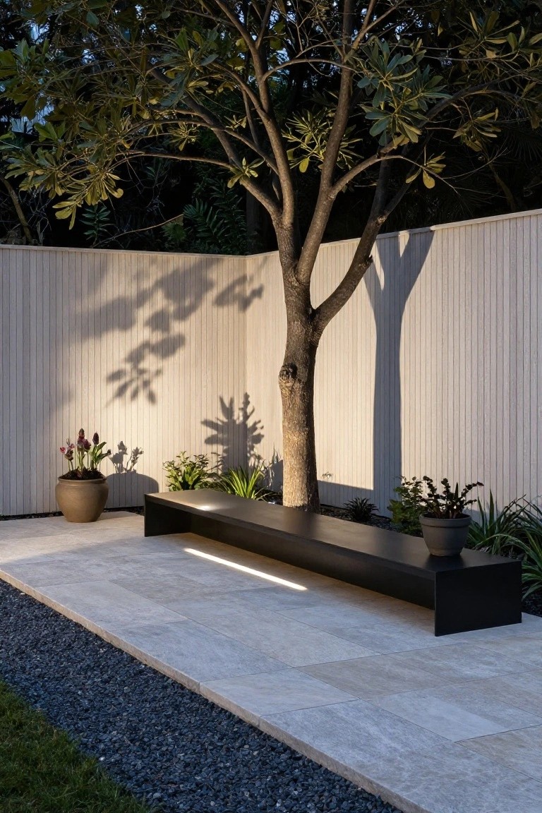 Long black bench with integrated linear LED lighting on a stone paver patio, next to potted plants and a tree casting shadows on a white slatted fence, bordered by gravel and grass.