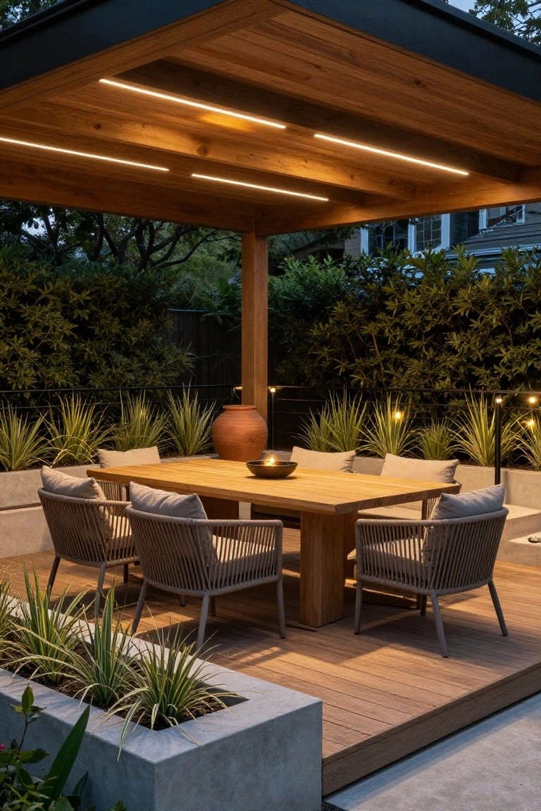 Wooden pergola-covered deck at dusk with recessed linear LED lights under beams, rectangular teak dining table, rattan chairs with cushions, terracotta pot, fire bowl, potted grasses, concrete planters, black metal railings with string lights, and surrounding greenery.