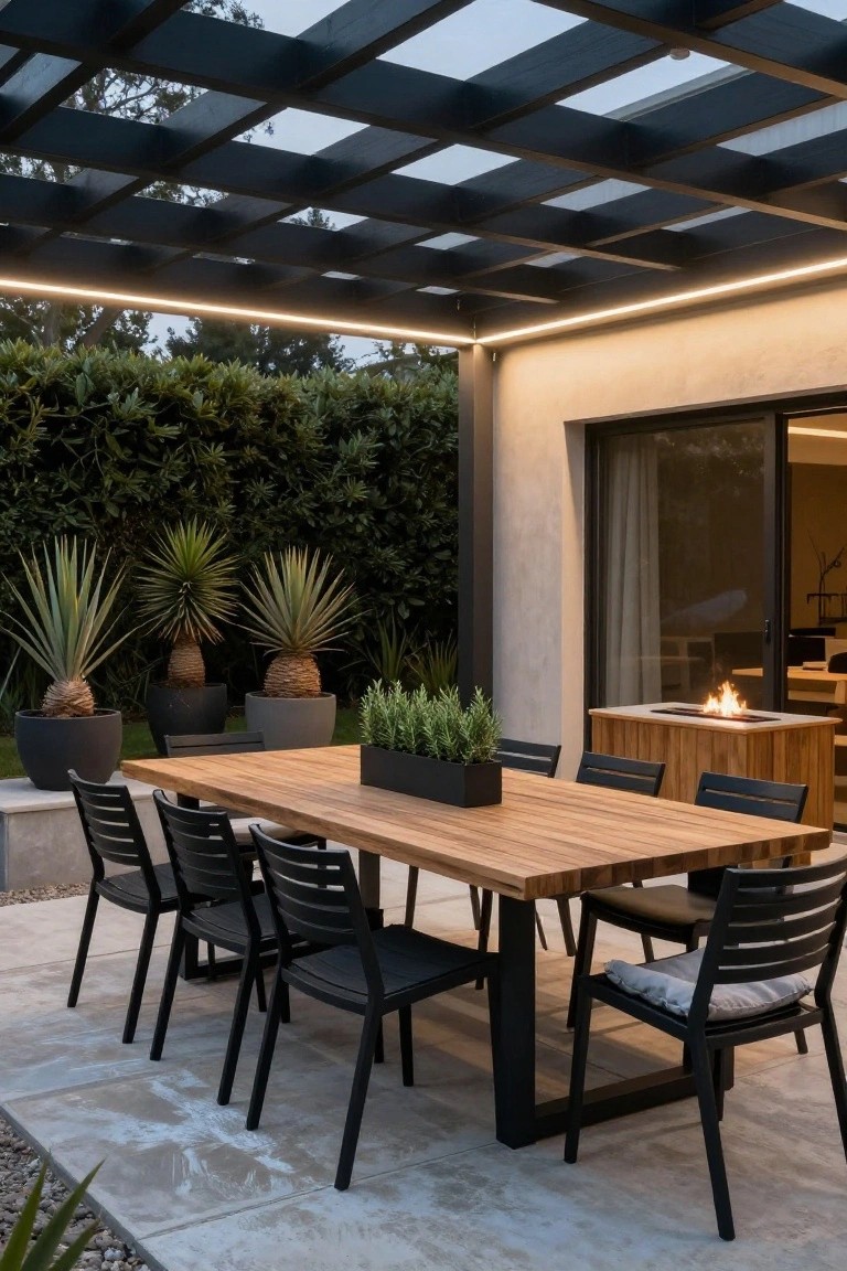 Outdoor dining patio under a black wooden pergola with linear LED strip lights along the beams, a long wooden table with black chairs, potted plants, a built-in fire pit, and glass doors to the house.