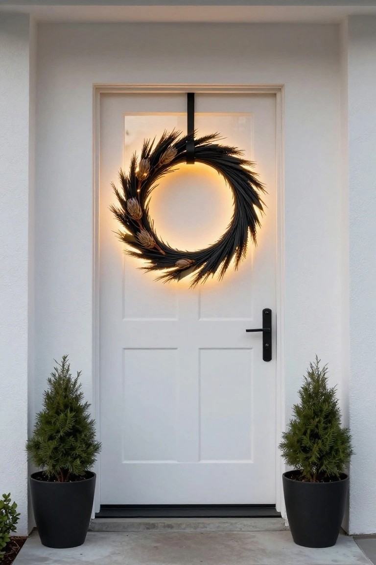 White front door with black hook holding a large black wreath of wheat stalks and protea featuring warm LED lights, flanked by two black pots containing small green cypress trees on a concrete porch.