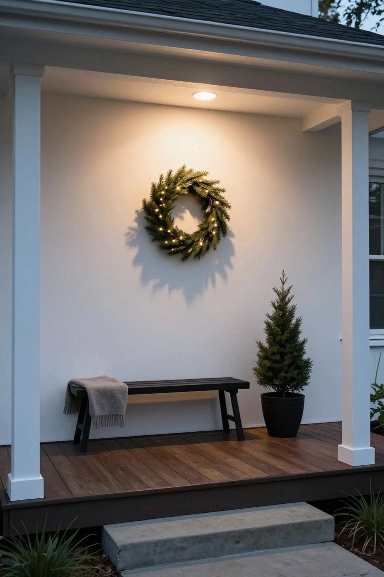 White clapboard house porch with dark wood decking, black bench with gray blanket, black potted small evergreen tree beside it, large lit evergreen wreath centered on the wall between white columns, concrete steps leading down to walkway.