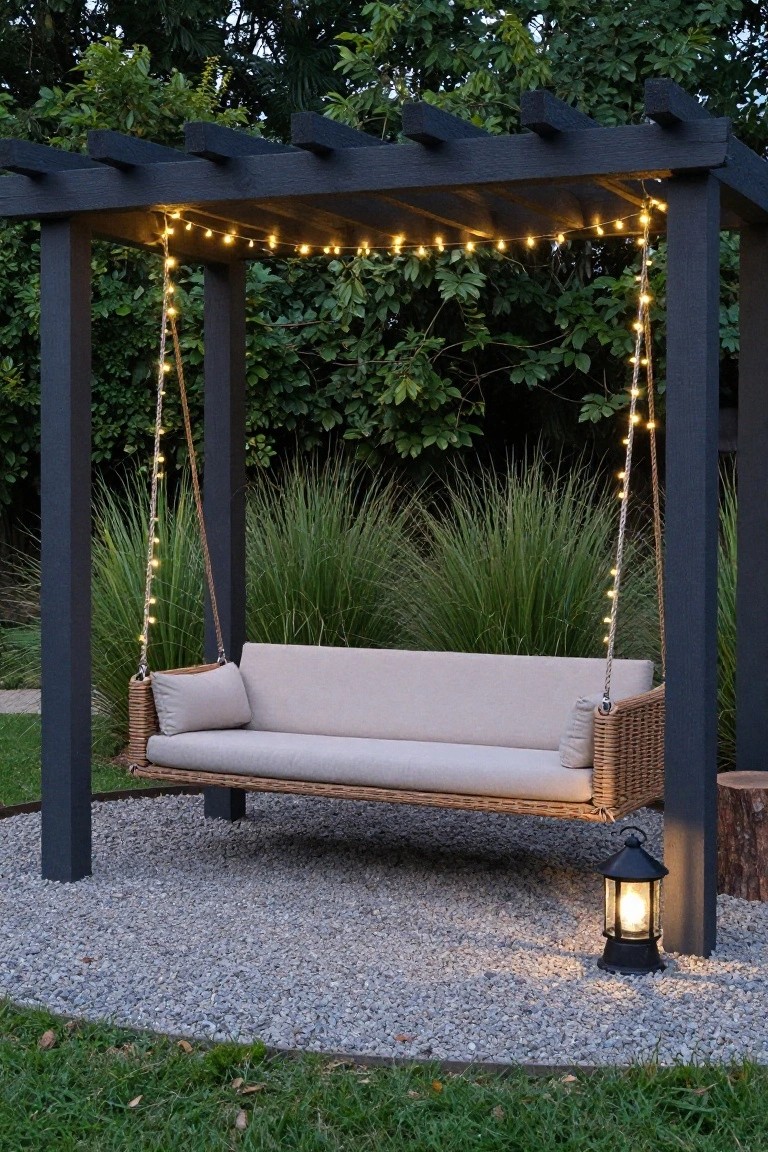 Black wooden pergola with a hanging wicker swing strung with warm white fairy lights along the beams and ropes, set on gravel amid pampas grass, greenery, and a lit black lantern on a stump.