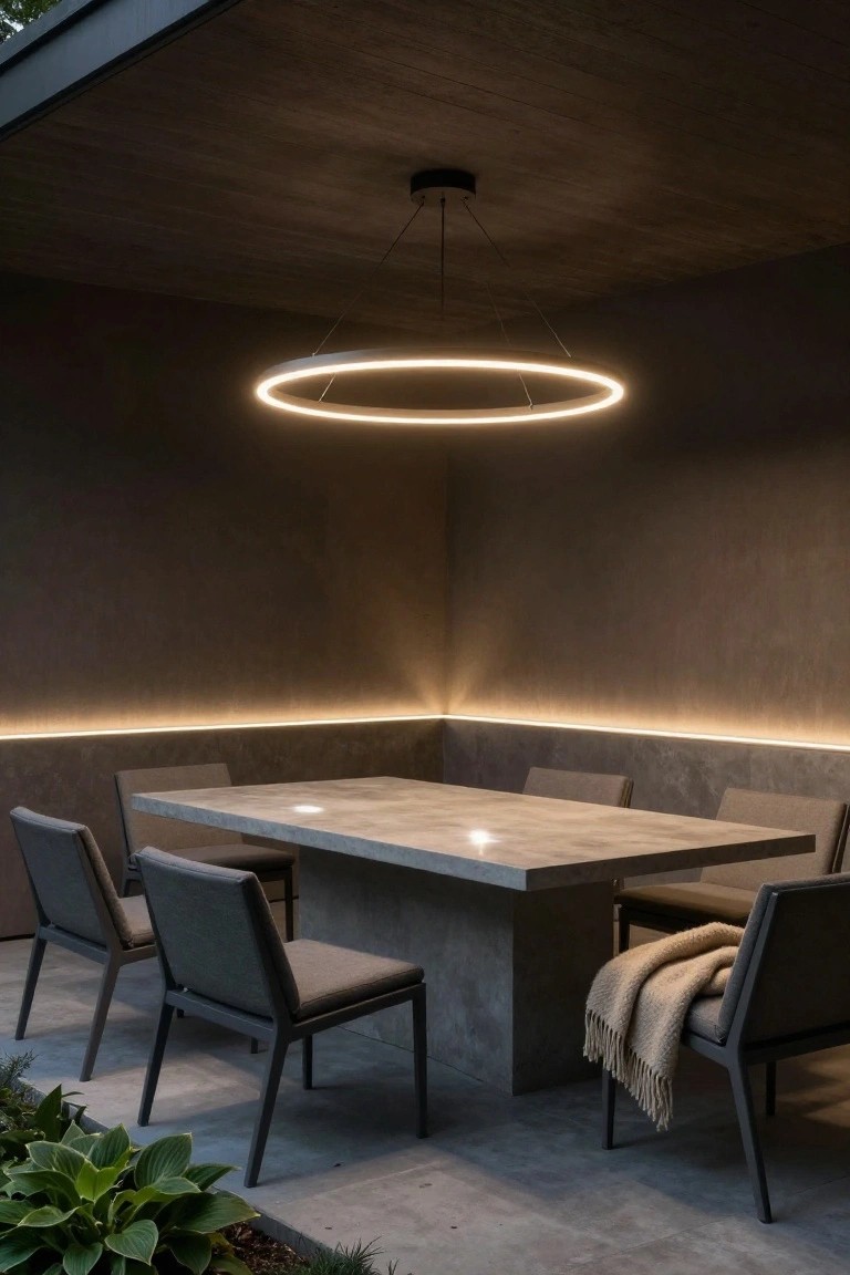Covered outdoor corner with gray upholstered chairs around a concrete dining table, large white ring-shaped LED pendant light hanging above, linear LED strips glowing along textured walls, potted plants nearby on concrete pavers.