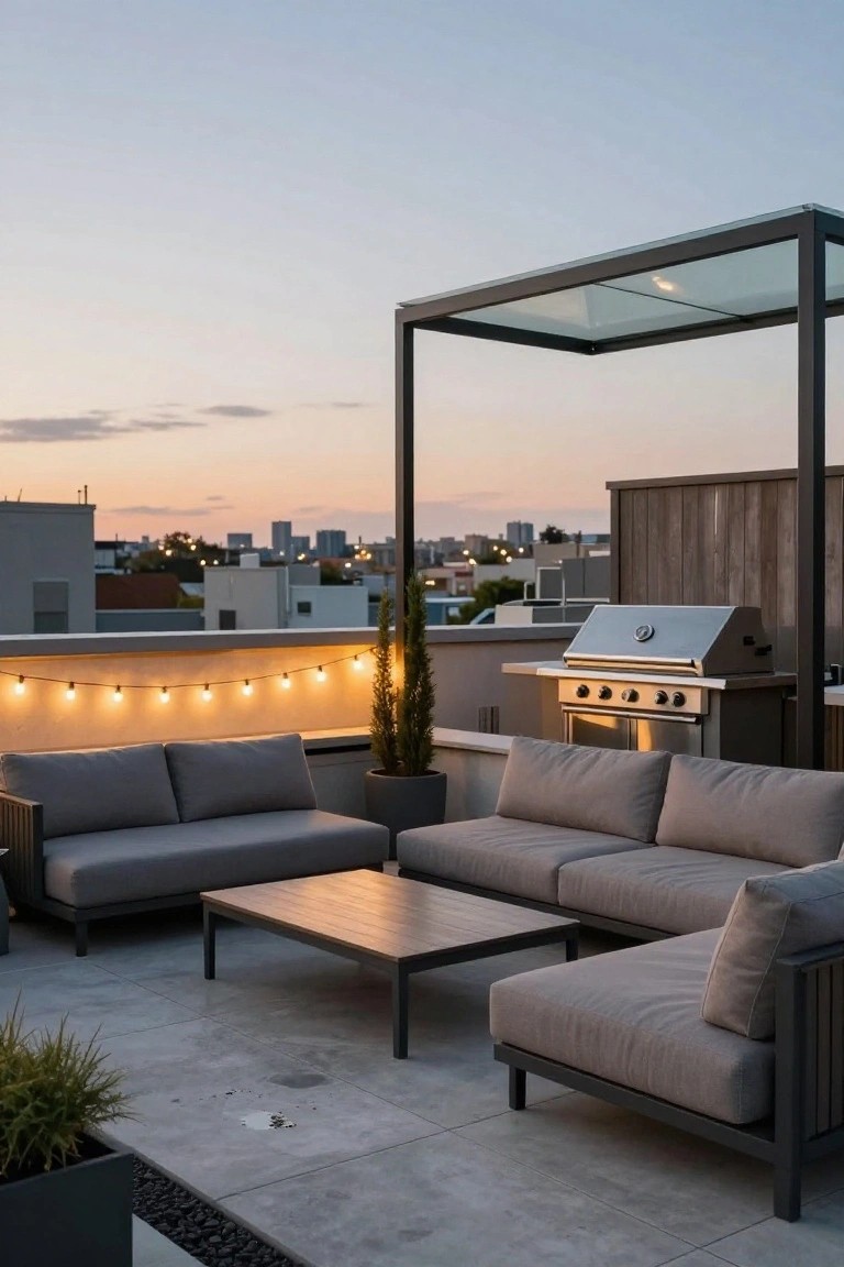 Rooftop terrace at sunset with L-shaped gray outdoor sofa, wooden coffee table, stainless steel gas grill under a glass-roofed metal pergola, warm string lights along the stucco wall, potted plants, and distant city skyline.