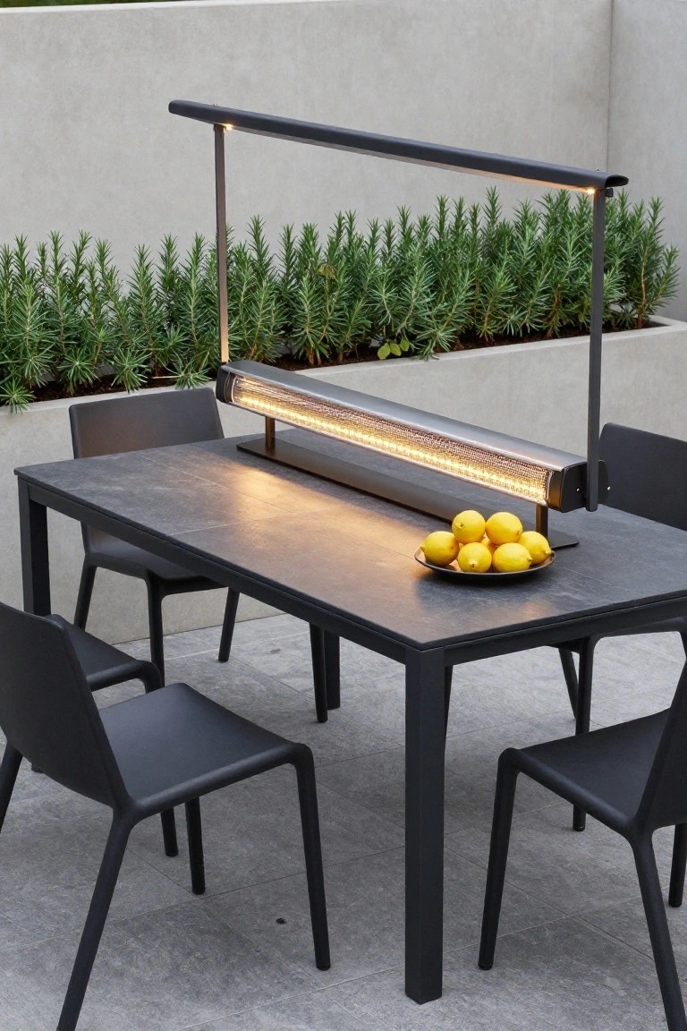 Outdoor patio dining table made of black stone with four black chairs, a linear glowing electric heater mounted on a frame above the table, a plate of yellow lemons on the table, and raised planters with rosemary along a concrete wall.