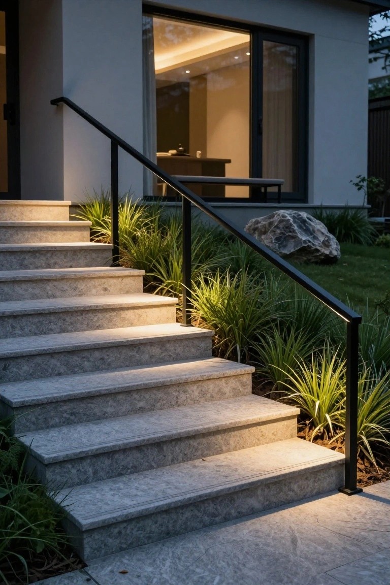 Evening photo of a modern house exterior featuring gray stone stairs with integrated lighting, flanked by tall green grasses and a large boulder, black metal railings glowing softly, and a lit glass entry door.
