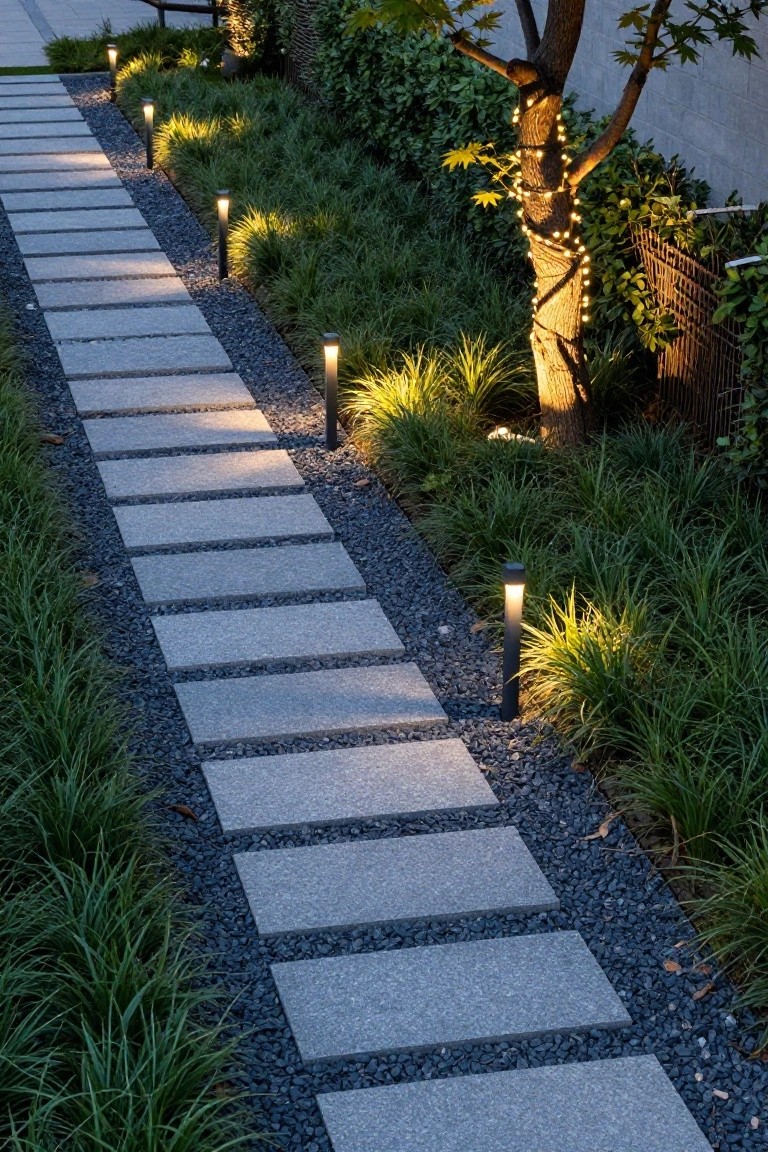 Dusk view of a straight stone slab pathway bordered by black gravel on one side and green ornamental grasses on the other, lined with tall black bollard lights, and a tree wrapped in small white string lights against a concrete wall.