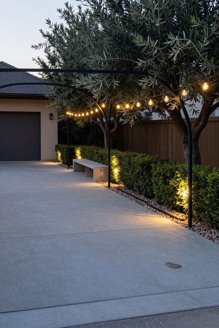 Evening view of a concrete driveway next to a beige garage door, featuring two olive trees with warm globe string lights draped from branches under a black metal pergola-arbor, boxwood hedges with bollard lights, a concrete bench, gravel border, and dark wood fence.