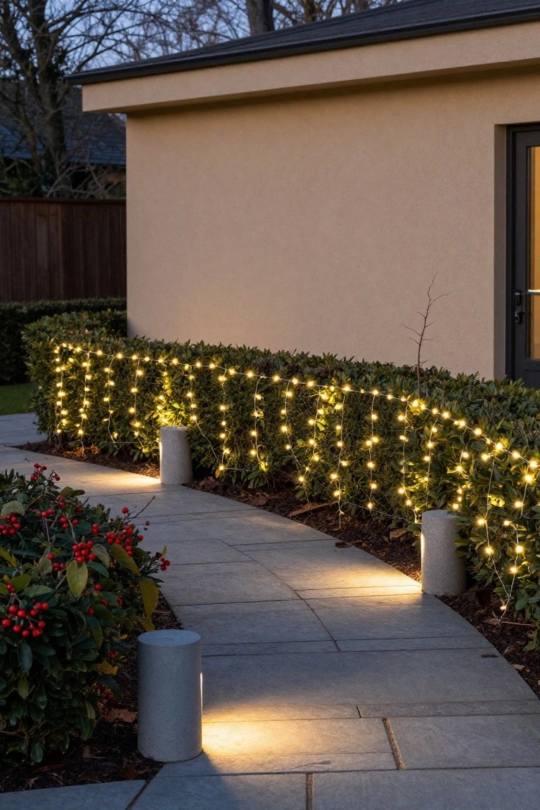 Beige stucco house wall next to a low boxwood hedge draped with white fairy lights at dusk, curving concrete path lined with gray cylindrical bollard lights, and red-berried shrubs at the edge.
