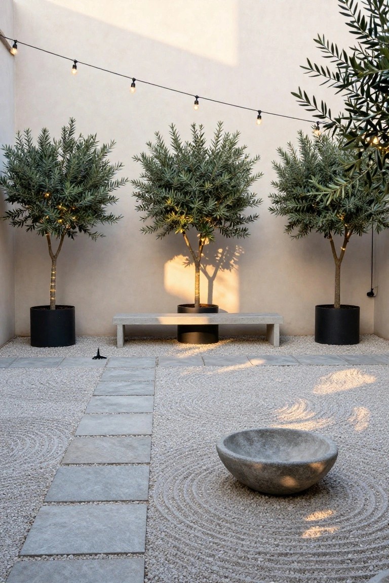 Outdoor courtyard featuring three potted olive trees wrapped in white string lights, a central concrete bench on gravel with raked patterns, a stone path, and a large stone basin.