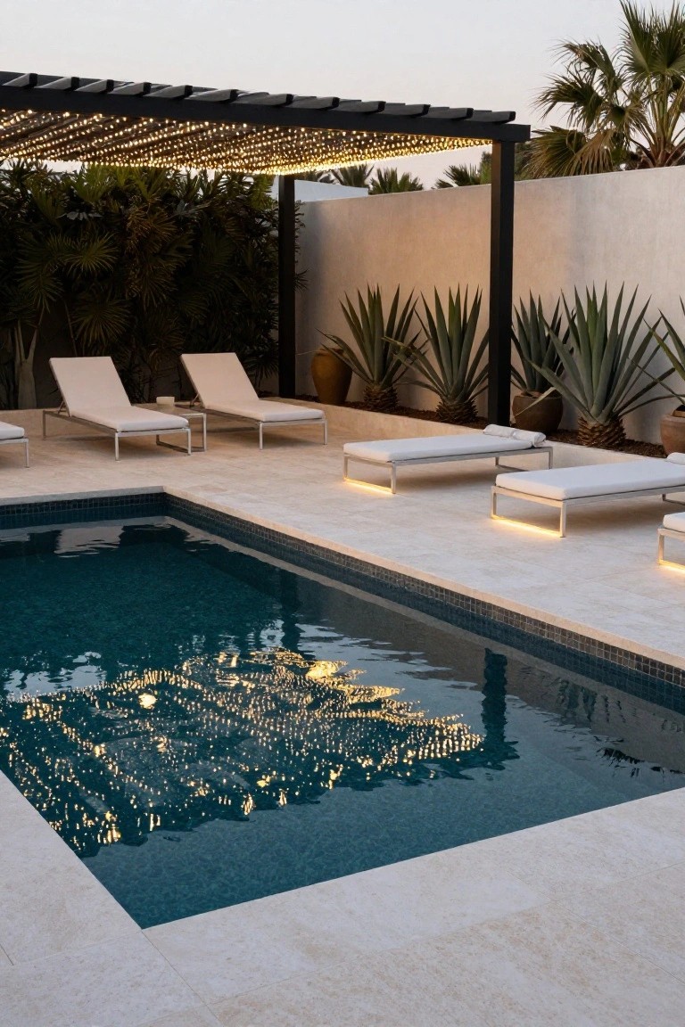 Outdoor pool area at dusk with beige tile decking, white metal loungers, black pergola strung with white fairy lights reflecting in the dark blue water, agave plants, and distant palms.
