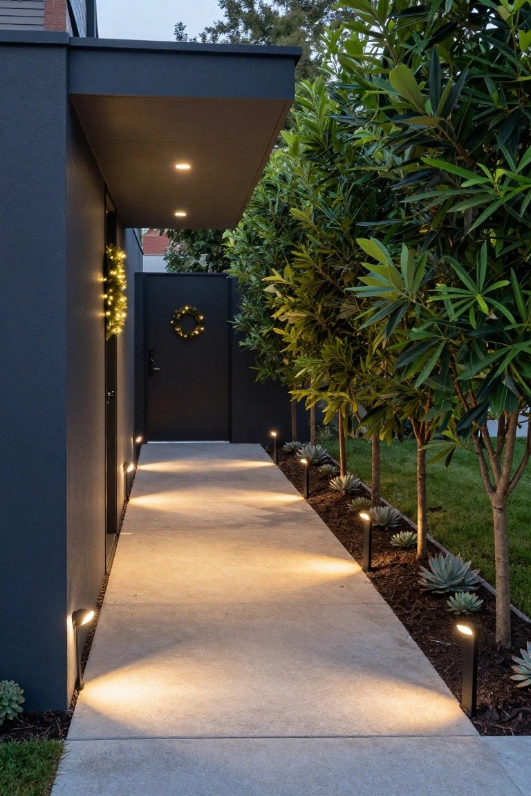 Concrete pathway at dusk lined with black bollard lights leading to a black gate decorated with a lighted Christmas wreath, vertical string lights on the adjacent dark wall, and agave plants in beds beside tall trees.