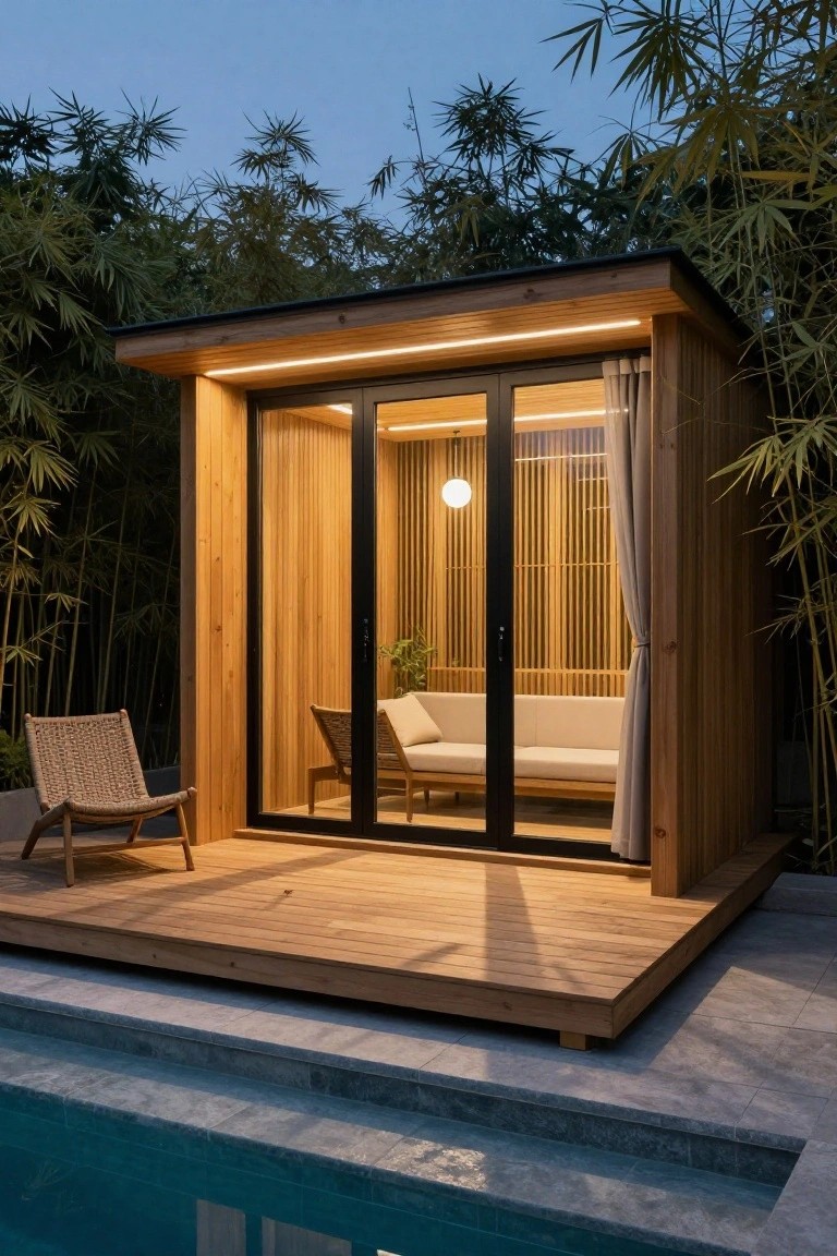 Wooden outdoor pavilion with vertical slats, glass sliding doors, integrated LED strip lighting, rattan chair on deck, bamboo plants, and turquoise pool edge at dusk