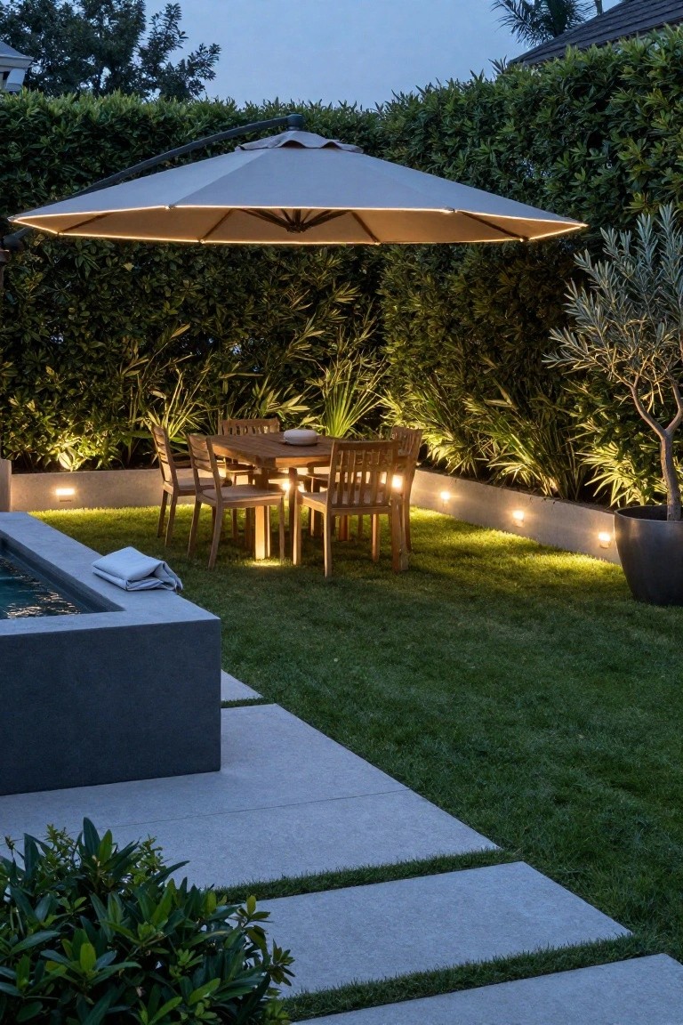 Outdoor dining area with wooden table and four chairs under a large beige cantilever umbrella, uplights along a raised concrete planter wall with greenery, small pool nearby, and lush hedges in evening light.