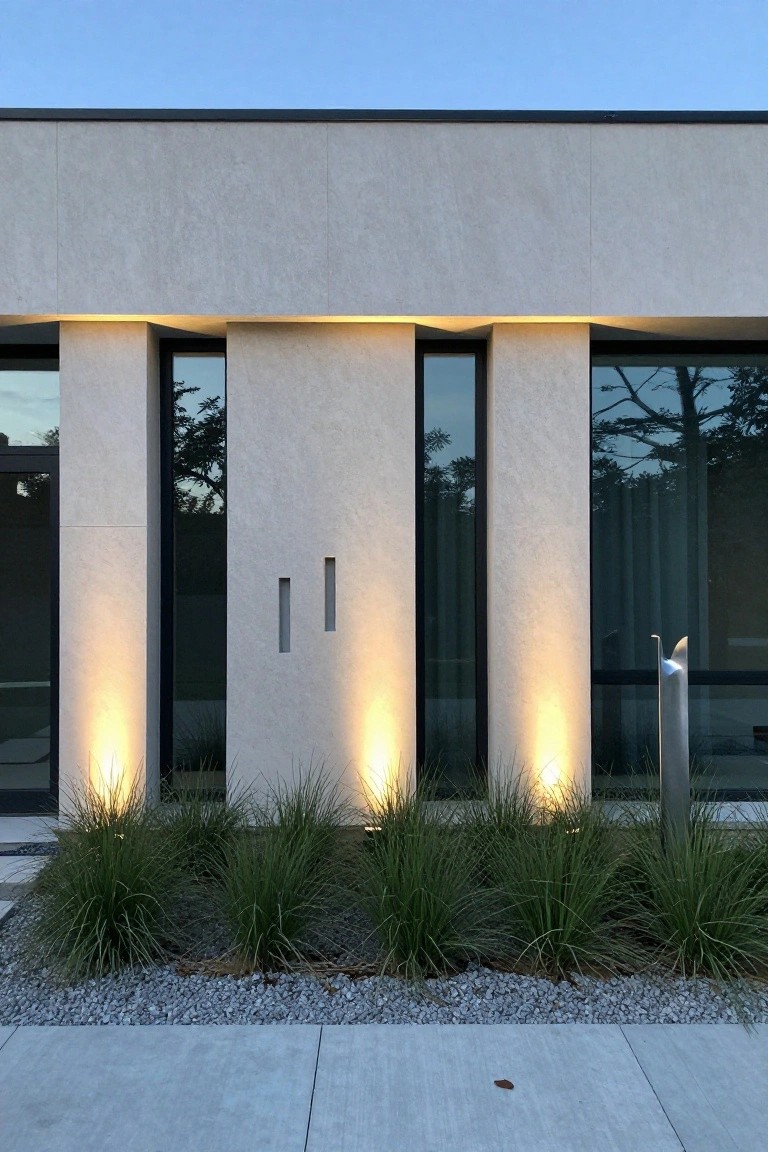 Beige stucco house exterior at dusk with three tall black-framed windows, vertical slits in walls, ground uplights illuminating facade and ornamental grasses in front, gravel bed, and concrete pathway.