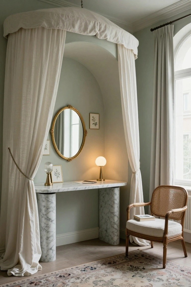 Mint green arched interior alcove with white linen canopy drapes over marble pedestal vanity desk, gold oval mirror, globe lamp, botanical art, rattan armchair with book, and patterned rug on wood floor.