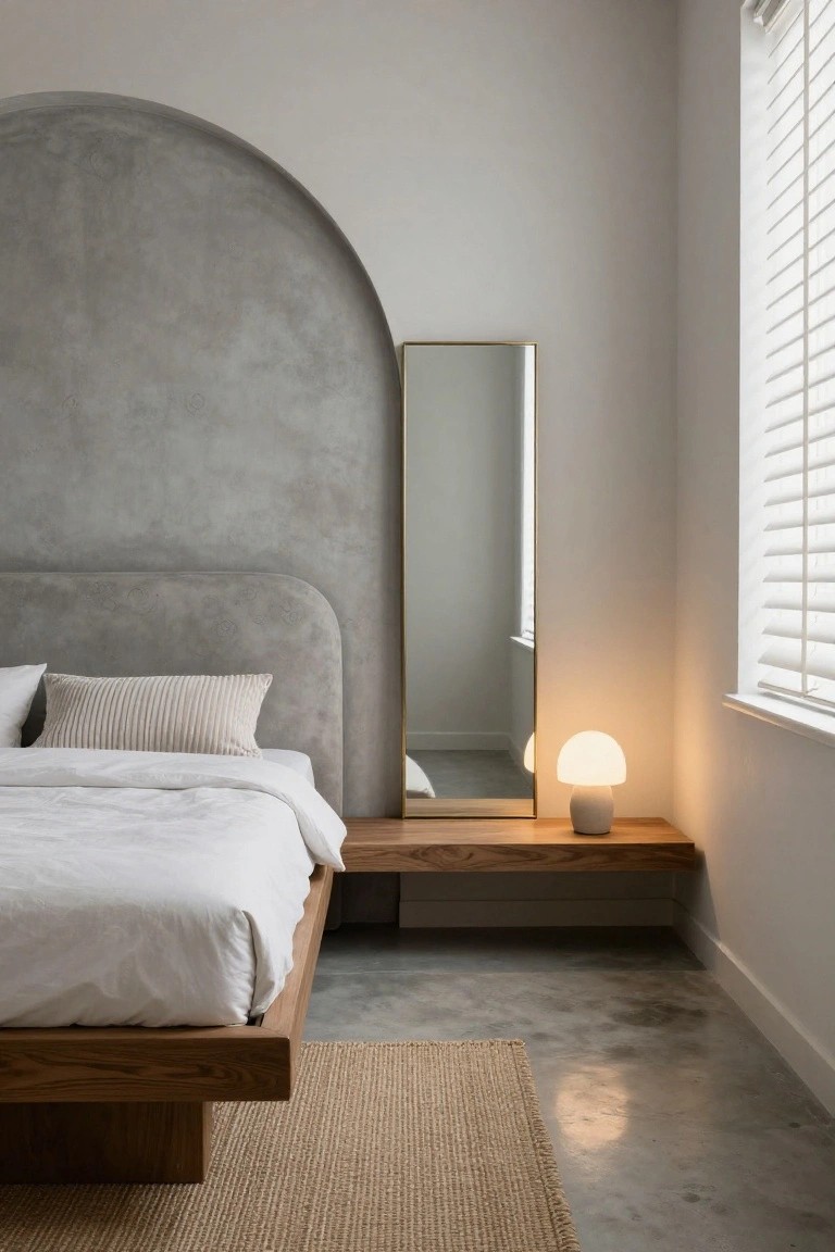 Modern bedroom with large curved gray textured plaster arch behind curved upholstered headboard on low wood platform bed with white linens and beige pillows, tall gold-framed mirror, floating wood nightstand holding white mushroom lamp, seagrass rug on polished concrete floor, and white walls with blinds on window.