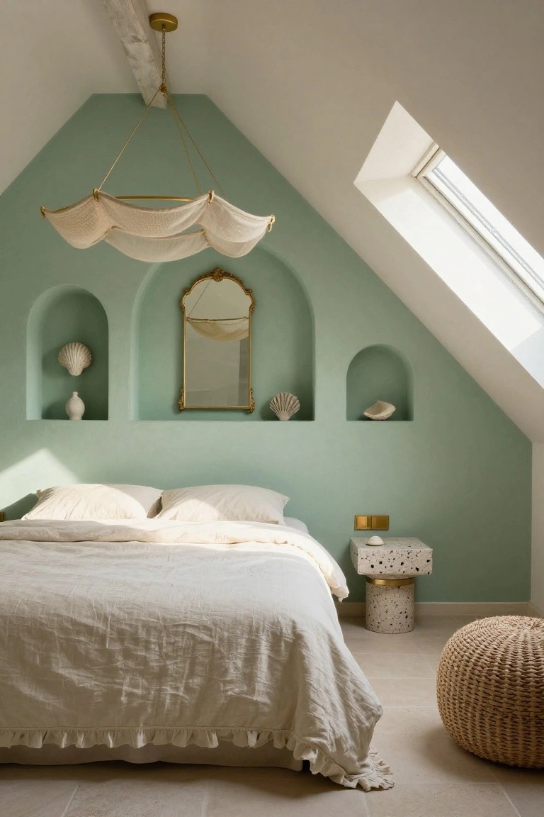 Attic bedroom with sage green walls featuring three arched niches containing white shells, a vase, and a central gold-framed mirror, white linen bed with ruffled edges, draped fabric chandelier, terrazzo side table on gold base, wicker pouf, and skylights in sloped ceiling.
