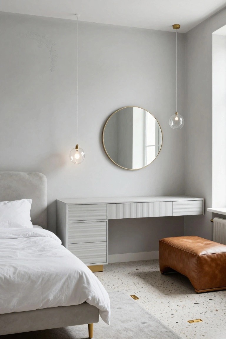 Modern bedroom corner with a light grey upholstered bed, white vanity with fluted drawers and a large round gold mirror, two hanging clear glass globe pendants with gold fittings, brown leather ottoman, terrazzo floor, and light grey walls with a window.