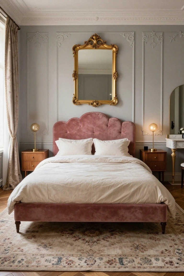 Bedroom interior with pink velvet scalloped headboard on a low bed frame, white duvet and pillows, gray paneled walls, gold mirror, wooden nightstands with globe lamps, marble vanity, and patterned rug on wood floors.