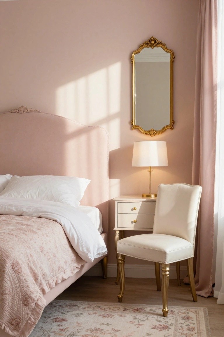 Sunlit corner of a bedroom with blush pink walls and tufted headboard bed covered in white bedding, white nightstand with gold-based lamp, white chair with gold legs, ornate gold mirror, pink curtains, and floral rug on wood floor.