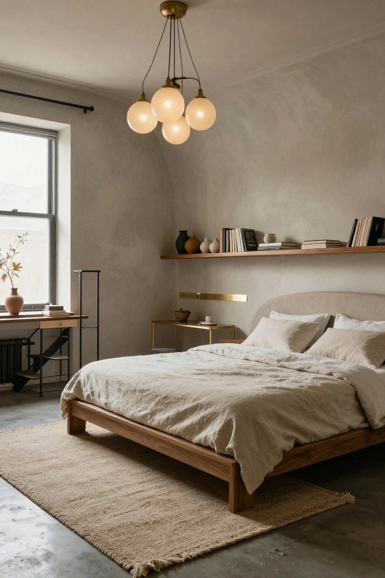 Bedroom with beige textured walls, brass five-arm chandelier with white globe shades above low wooden platform bed with white linen bedding, wooden floating shelves holding ceramics and books, small desk with plant, and seagrass rug on concrete floor.