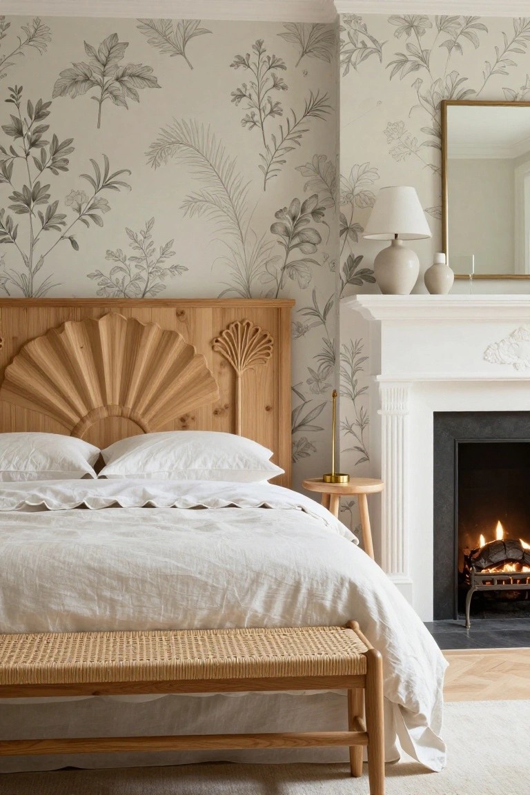 Bedroom interior with light gray botanical wallpaper, a tall wooden headboard featuring carved fan and palm motifs, white linen bed, bedside table, rattan bench, and white fireplace with fire lit.