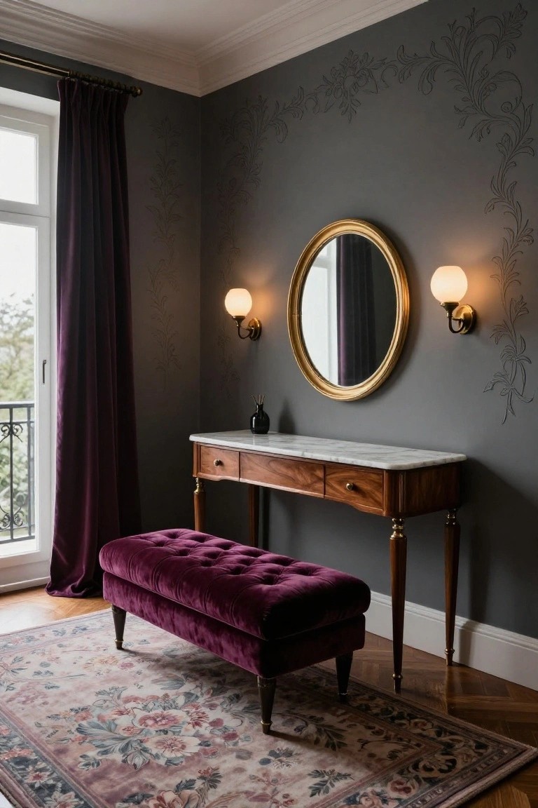 Gray corner room with vine-patterned walls, wooden console table topped in white marble, gold-framed round mirror with wall sconces, purple velvet tufted ottoman, purple curtains on French doors leading to balcony, and floral rug on parquet floor.
