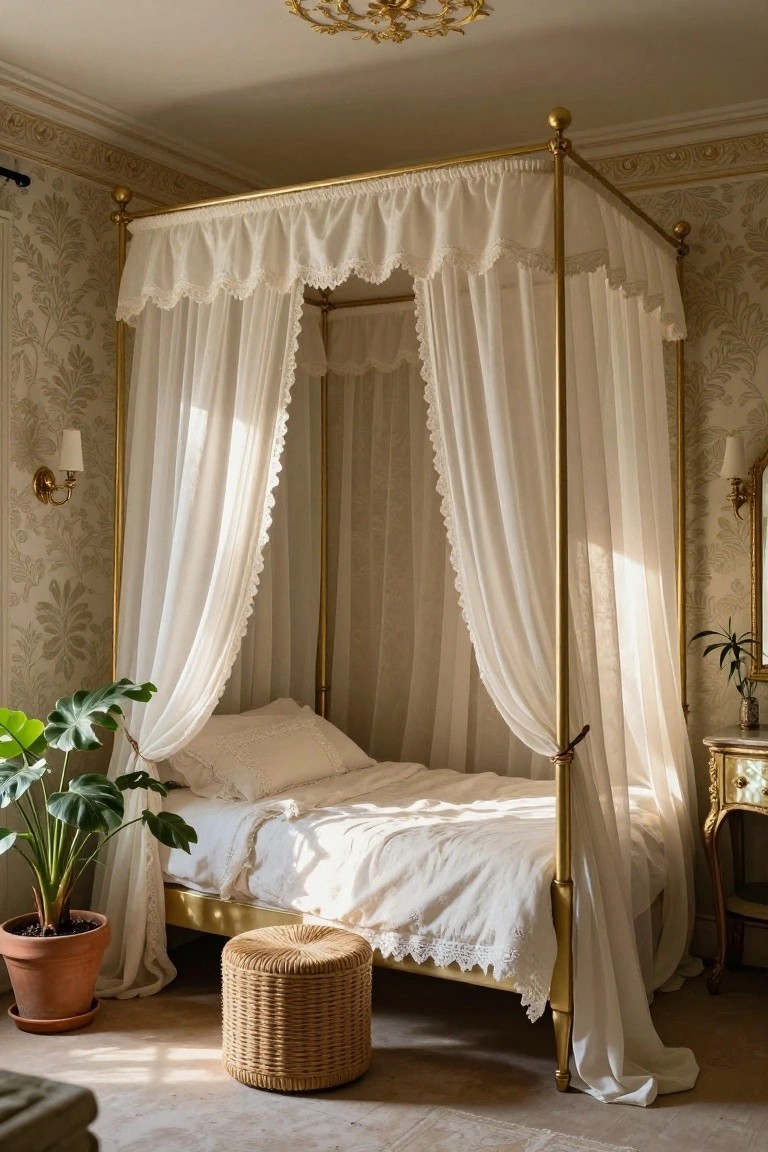 A bedroom interior with a gold four-poster canopy bed draped in white sheer curtains edged in lace, cream wallpaper with leaf motifs, wall sconces, a potted monstera plant, woven stool, and ornate side tables.