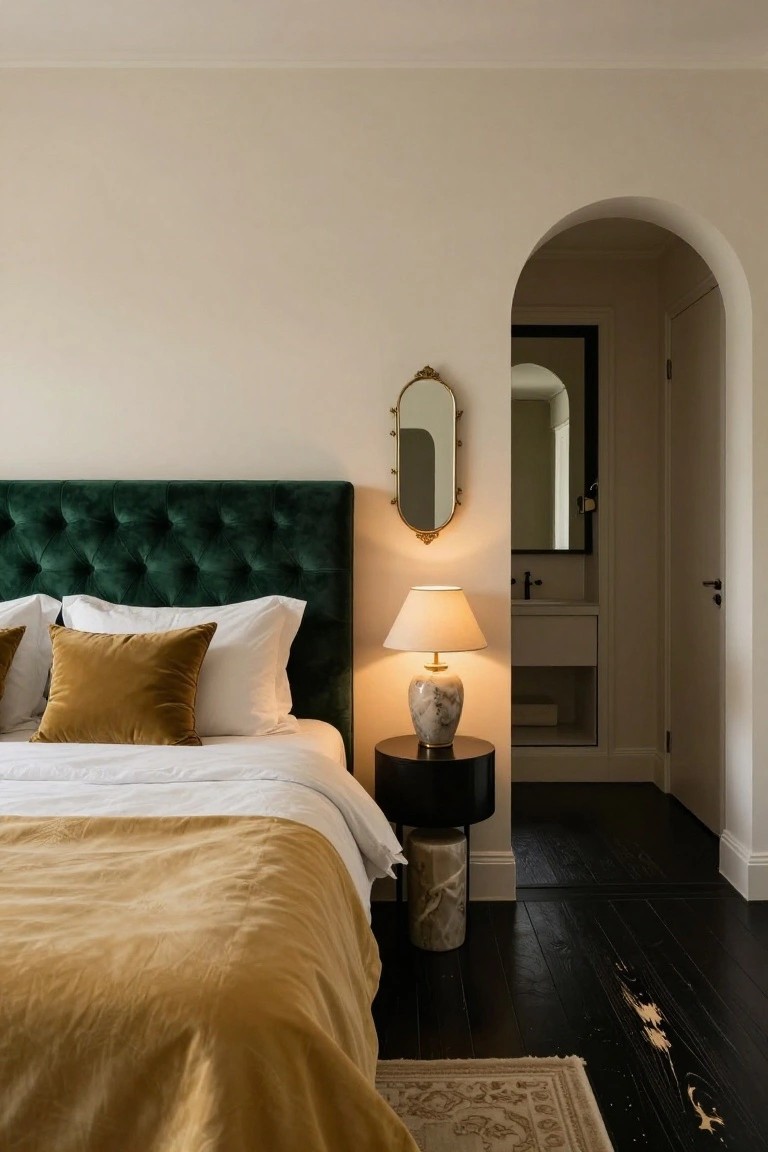 Bedroom with tufted emerald green velvet headboard on a bed dressed in white sheets, mustard yellow pillows and throw, bedside table holding a lamp next to an arched doorway leading to a bathroom on dark wood floors.
