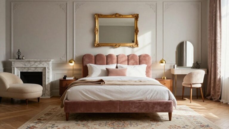Bedroom interior with pink velvet scalloped headboard on a low bed frame, white duvet and pillows, gray paneled walls, gold mirror, wooden nightstands with globe lamps, marble vanity, and patterned rug on wood floors.