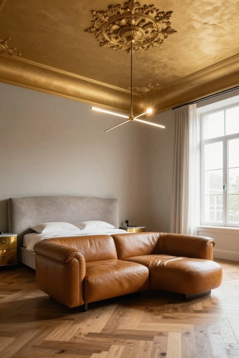 A bedroom with gold gilded ornate ceiling plasterwork and medallion, linear modern chandelier, gray upholstered bed with white sheets, tan curved leather sofa and ottoman, gold side tables, herringbone wood floor, and large curtained window.
