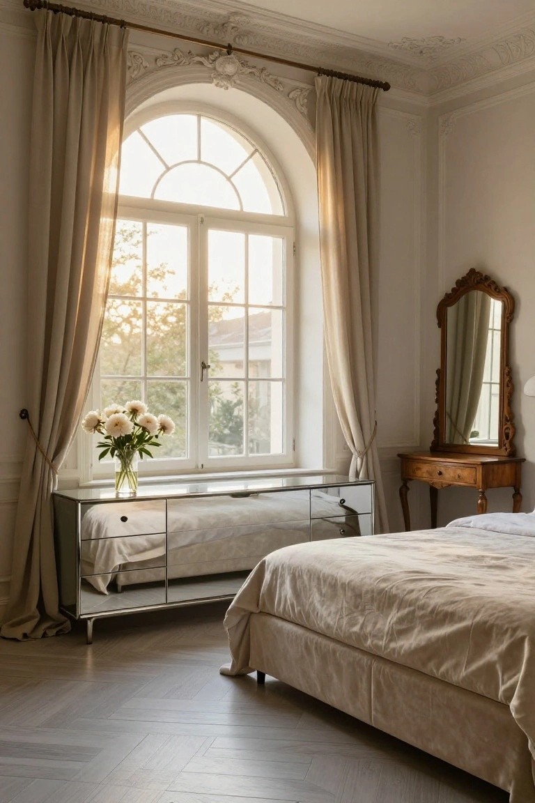 Bedroom interior featuring a large arched window with beige drapes, a glass vase of white peonies on a mirrored console table reflecting a beige bed, an ornate wooden mirror above a wooden vanity, and herringbone wood flooring.