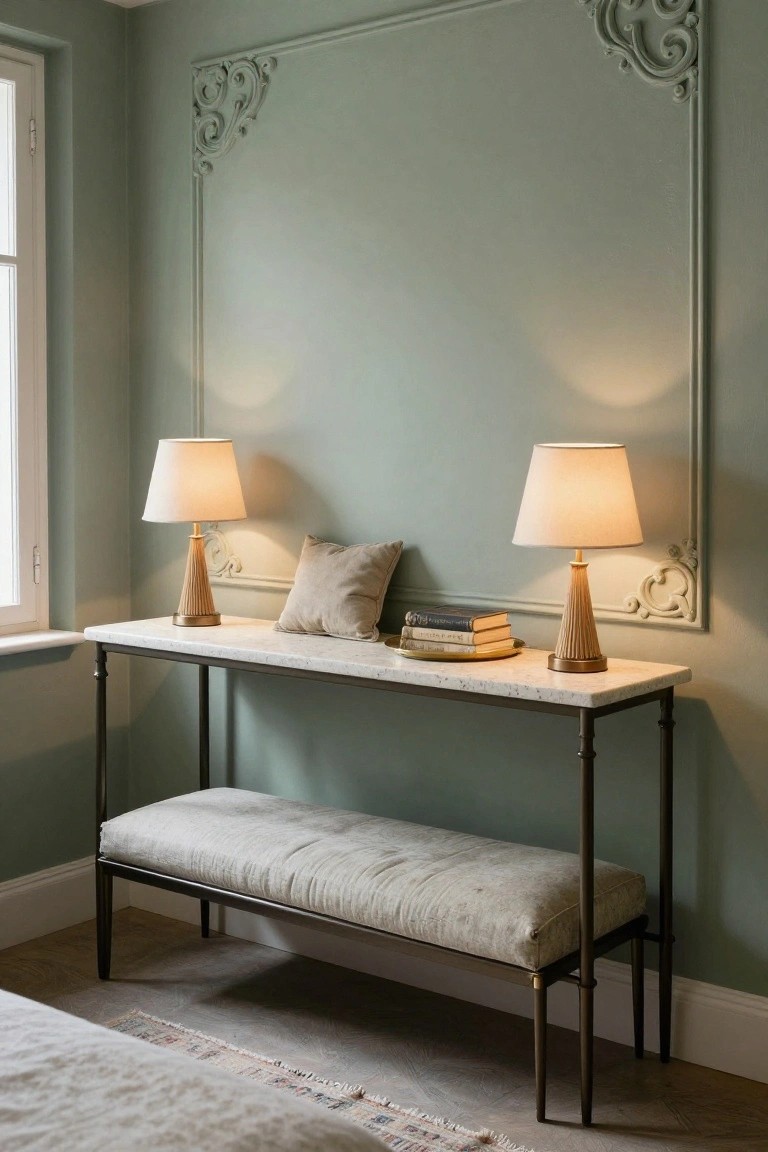 Sage green interior wall with white ornate scrolling molding framing a narrow white marble-topped console table on iron legs, topped with two beige lamps, stacked books, and a beige pillow, with a beige upholstered bench underneath, next to a window and bed edge.