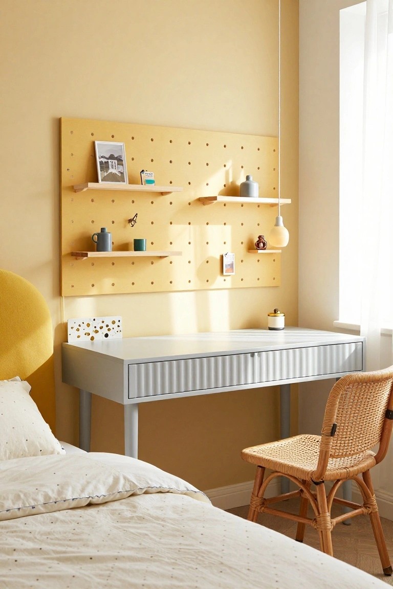 Yellow pegboard wall with attached wooden shelves displaying mugs, ceramics, photos, and small decor above a white fluted desk, rattan chair, and bed in a pale yellow bedroom corner.